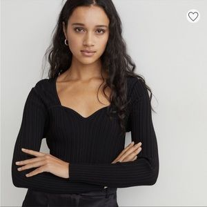 H&M NWT Black Ribbed Knit Sweetheart Neckline Long Sleeve Top